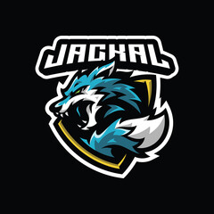 Wolf Jackal Esport Gaming Mascot Logo Design. Wolf Head Tail and Shield Badge Mascot Vector Icon © putra_purwanto