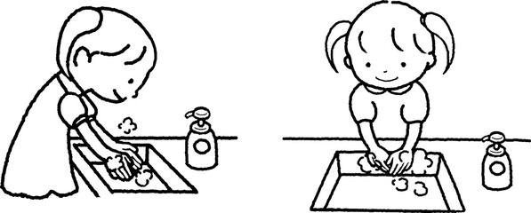 子どもが手を洗う。線画