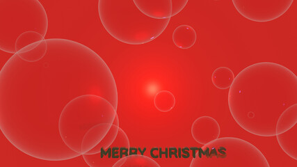 Dispersed transparent bubble with  green Merry Christmas text with red gradient background (3D Rendering)