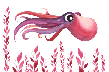 a pink octopus with large eyes swims forward alone among the long red algae. children's hand-drawn illustration. watercolor decorative elements, hand-drawn on a white background