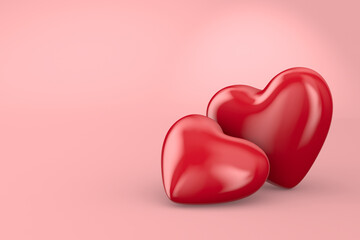Two hearts on pink background. Isolated 3D illustration