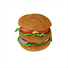 Sesame Big Burger with Cheese and Vegetables Vector. Suitable for fast food business.
