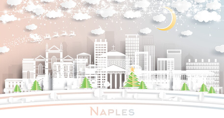 Fototapeta premium Naples Italy City Skyline in Paper Cut Style with Snowflakes, Moon and Neon Garland.
