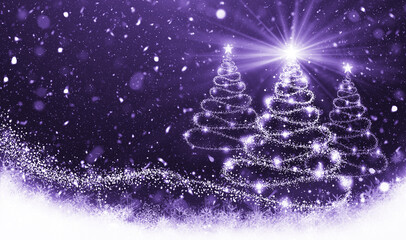 Christmas shining tree on festive background trendy color of the year 2022 very peri. Christmas ornaments and New Year decor.