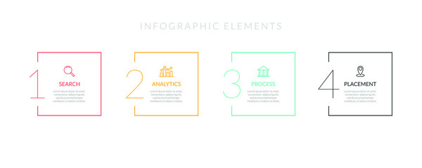 Vector infographic line process for business with 4 square options steps template design with icons.