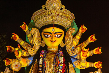 Statue of Goddess Durga with many hands during Dussehra festival Kolkata, West Bengal, India.