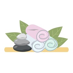 Spa massage set. Collection of towels and stone sets Wellness balance. Spa symbols on the shelf. Vector isolated template cartoon flat illustration design.