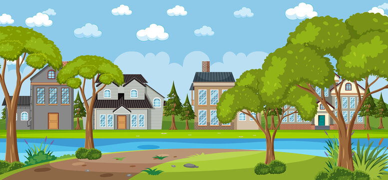 Landscape scene with park and houses background
