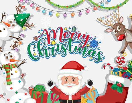 Merry Christmas Lettering Font Logo With Santa And Christmas Ornaments