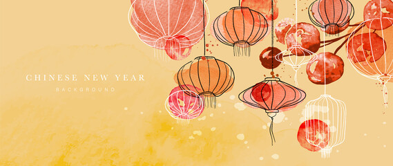 Chinese new year watercolor background vector. Oriental festive art design for place text and product images. Design for sale banner, cover and invitation.