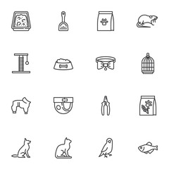 Pet supplies store line icons set