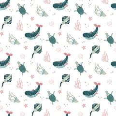 Marine seamless pattern. Whale, stingray, turtle, jellyfish, algae, corals, starfish. Hand-drawn style. Design for decorating a nursery.