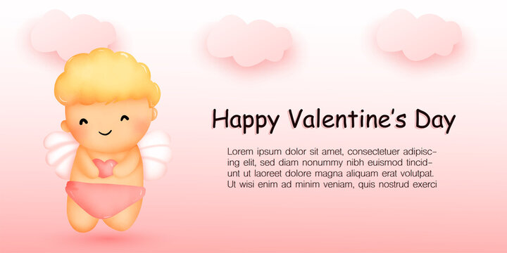 Valentine's Day cupid watercolor for banner.sweet pink background and clouds for lover and couple.
