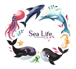 Set of drawn, watercolor painted marine life and marine life design elements. Whales, Shark, Dolphin, Octopus, Starfish, Seahorse.. Round Frame on white background.