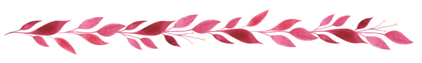 small decorative frame made of stems with red pink leaves. Elongated patterned border. Long vine with leaves. Vegetable pattern. Hand drawn watercolor illustration.