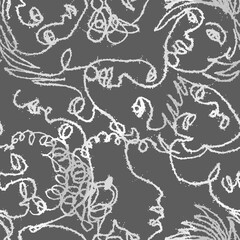 A seamless pattern of silhouettes of faces depicted as one continuous texture line on a dark gray background.