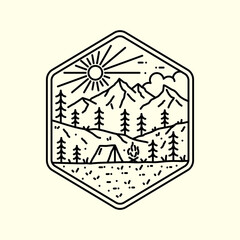 mono line design of natural mountains and campfire camps. inspired by mountains in america