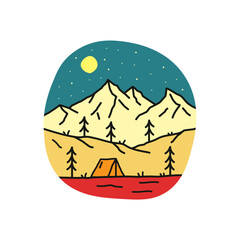 mono line design of natural mountains and campfire camps. inspired by mountains in america
