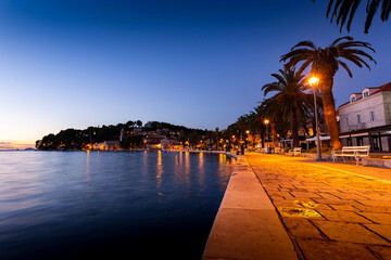 Embankment of Cavtat town at dusk, Dubronick Riviera, Croatia.