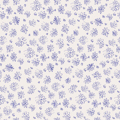 Seamless pattern with meadow flowers in Ditzy style, trendy blue with violet-red undertone, colors of the year 2022
