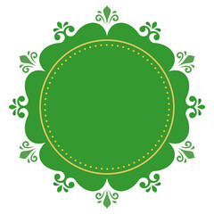 Round vector frame with floral elements and arabesques. Pattern with arabesques. Green and white greeting card