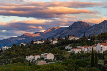 Sunset over mountains on adriatic coast