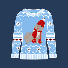 Ugly Christmas party sweater with funny cat print.
