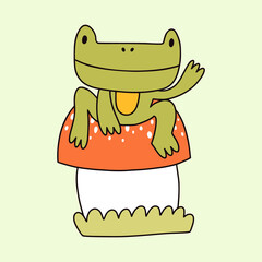 Frog sitting on mushroom. Cute cartoon doodle toad smiles on the amanita. Funny character for stickers, kids wearing, other trendy designs.