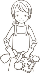 五徳に洗剤をかけてコンロ掃除をする女性の線画