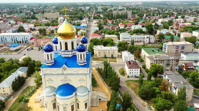 Aerial view of the Ascension Cathedral and residential areas on a summer day in Yelets