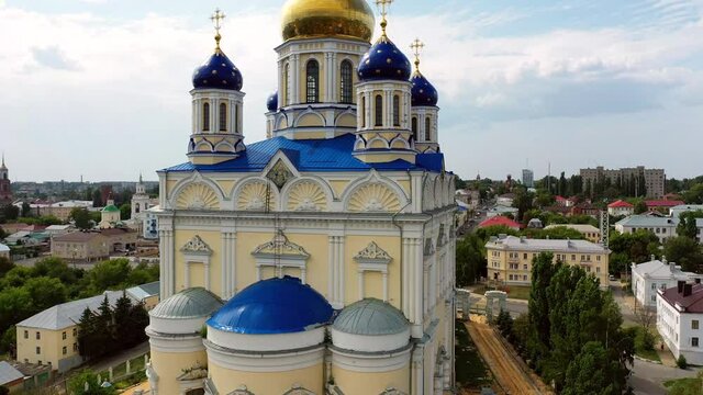 Aerial view of the Ascension Cathedral and residential areas on a summer day in Yelets