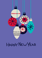 Happy New Year greeting card. Hygge design with hand drawn baubles and Very Peri color of the year 2022