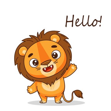 Cute lion waving his hand. Greetings. Postcard in children's cartoon style. Vector illustration for designs, prints and patterns. Vector illustration