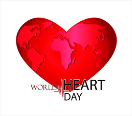 World heart day vector illustration with red heart over the world map.