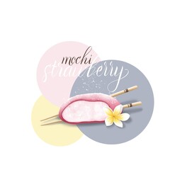 Strawberry flavor Mochi with chopsticks and plumeria flower. Asian ice cream with rice dough. Healthy desert. Delicious sweets. Design for product cover, wrapping, menu.