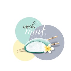 Mint flavor Mochi with chopsticks and plumeria flower. Asian ice cream with rice dough. Healthy desert. Delicious sweets. Design for product cover, wrapping, menu.