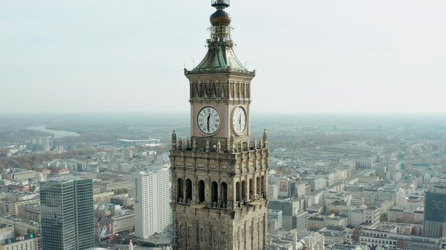 Drone Orbit Close Up Palace of Culture and Science, Warsaw Poland