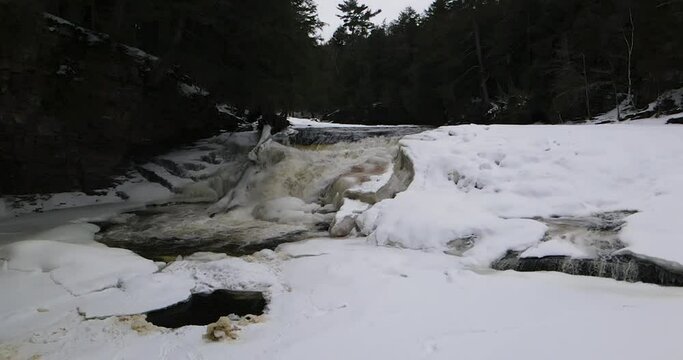 Michigan waterfalls in winter with slow motion video.