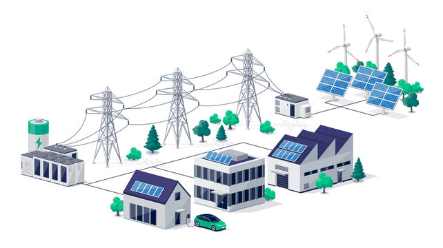 Smart virtual battery energy storage network with house office factory buildings, renewable solar panel plant station, wind and high voltage electricity distribution grid pylons, electric transformer.