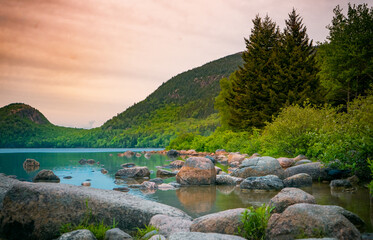 Beautiful view of a river and mountain forests at sunset in Arcadia National Park, Maine - obrazy, fototapety, plakaty