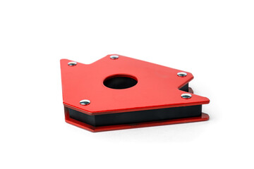 Red magnetic square for welding isolated on white background.