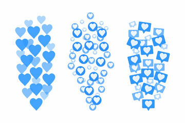 Flying red hearts on a white background. Blogging. Stream. Likes online. Social media concept.