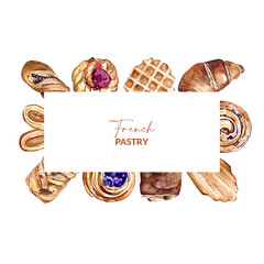 Frame of watercolor french breakfast pastries