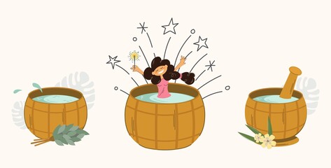 A set of three wooden tubs for the sauna as a gift. Water spoon and oak broom. Vector with a girl bathing in a font. Home spa treatments with benefit and pleasure. For advertising bath accessories.