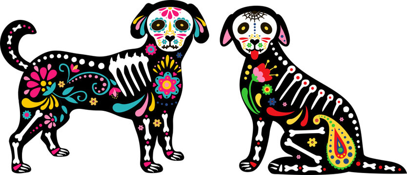 Mexican dead dogs. Dead animals. Dogs skulls and sugar heads colorful holiday vector illustration for day of the dead, bones skeleton dia de los muertos pets party drawings