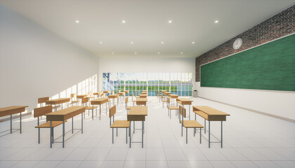 3d rendering of classroom. Interior room consist of tile floor, board or chalkboard and furniture i.e. desk or table, chair for teacher and student to teach, study and training. Education background.
