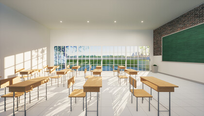 3d rendering of classroom. Interior room consist of tile floor, board or chalkboard and furniture i.e. desk or table, chair for teacher and student to teach, study and training. Education background.