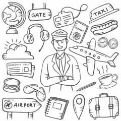 pilot doodle hand drawn set collections with outline black and white style © ribkhan