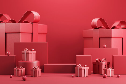 Podium with red gift box on red background. 3d abstract product background for Valentine and Christmas, 3d render. Stage for product design.
