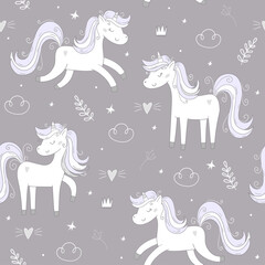 Seamless pattern with cute fairy unicorns. Perfect for kids apparel,fabric, textile, nursery decoration,wrapping paper.Vector Illustration. Creative childish background.